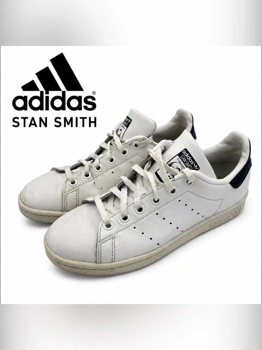 Adidas Stan Smith Kids 4.5 White Leather Sneakers Preowned Womens 6.5 Unisex
